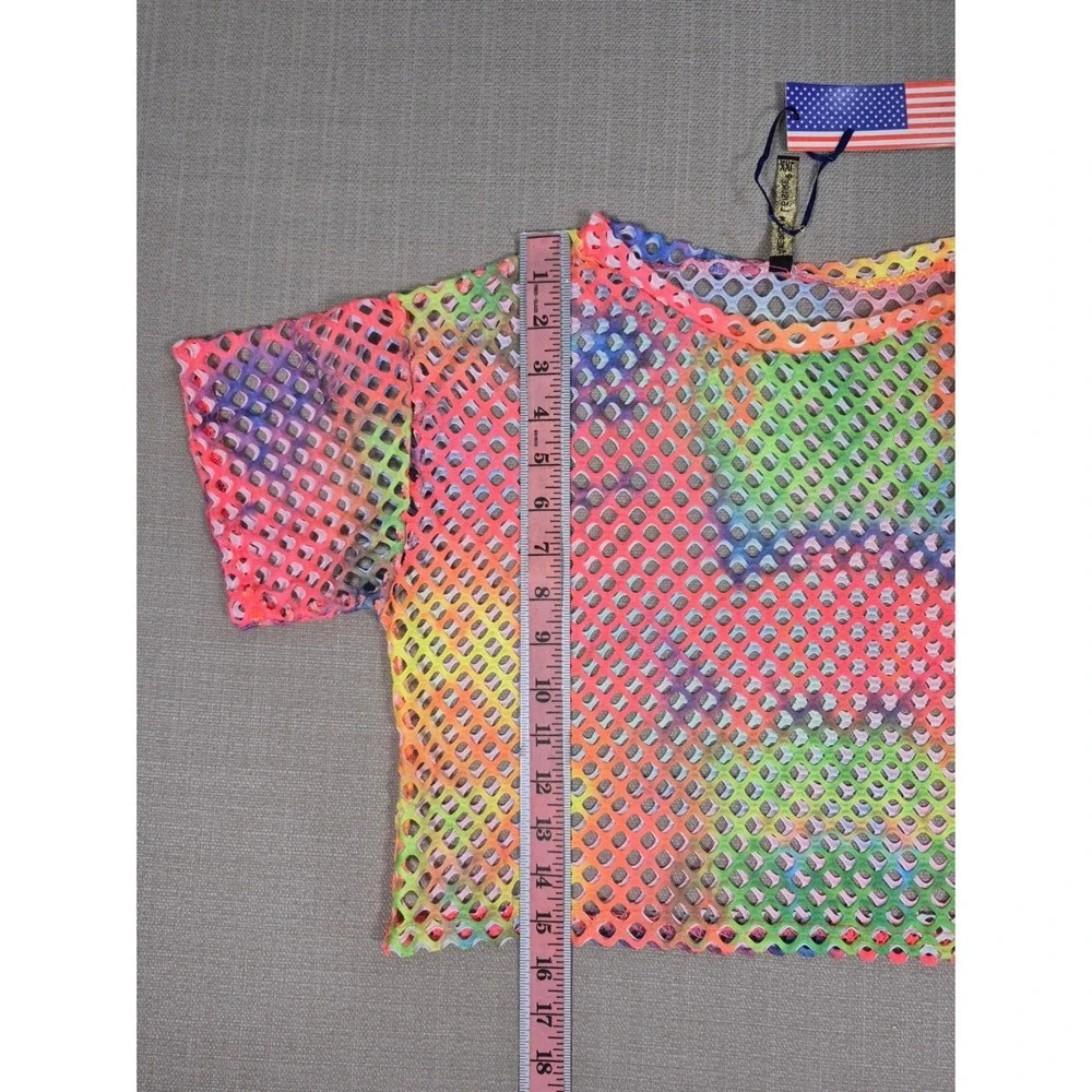 American Leisure Rainbow Tie Dye Fishnet Crop Top and Shorts Set XXL New
